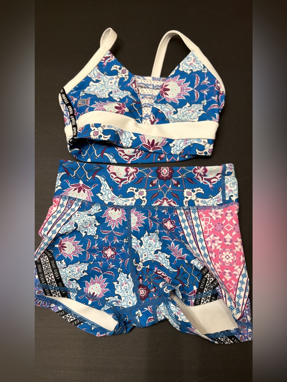 Sylvia P Dance Girls Floral Blue Active Shorts Set with Pink Accents